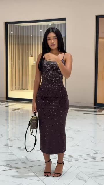 black dress and brown heels Women's Outfit: Sheath Dress, Leather Heeled Sandals, Black Leather Clutch, Black Studded Leather Waist Belt The sleeveless cowl neck bodice and delicate spaghetti straps add a touch of elegance BELLEVUE DRESS BLACK  1389woodliff